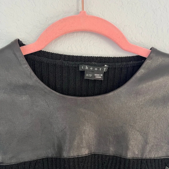 Theory Black Lambskin Leather Trim Long Sleeve Stretch Sweater Dress Size P/TP - Picture 5 of 11